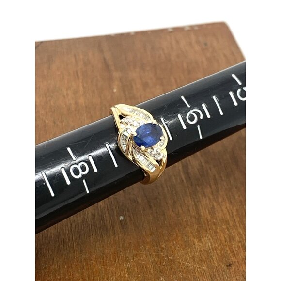 Blue Gemstone Diamond Cocktail Ring 14k Yellow Gold Estate Women's Size 7 - Picture 9 of 14